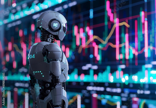 Stock illustration of a trading robot standing and analyzing the crypto trading graph symbolizing growth and artificial intelligence for stock market analysis with advanced technology and futuristic d