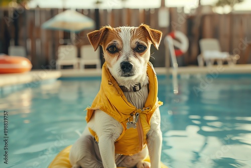 Adorable dog wearing a yellow life jacket standing in a swimming pool, ready for a swim on a sunny day. photo