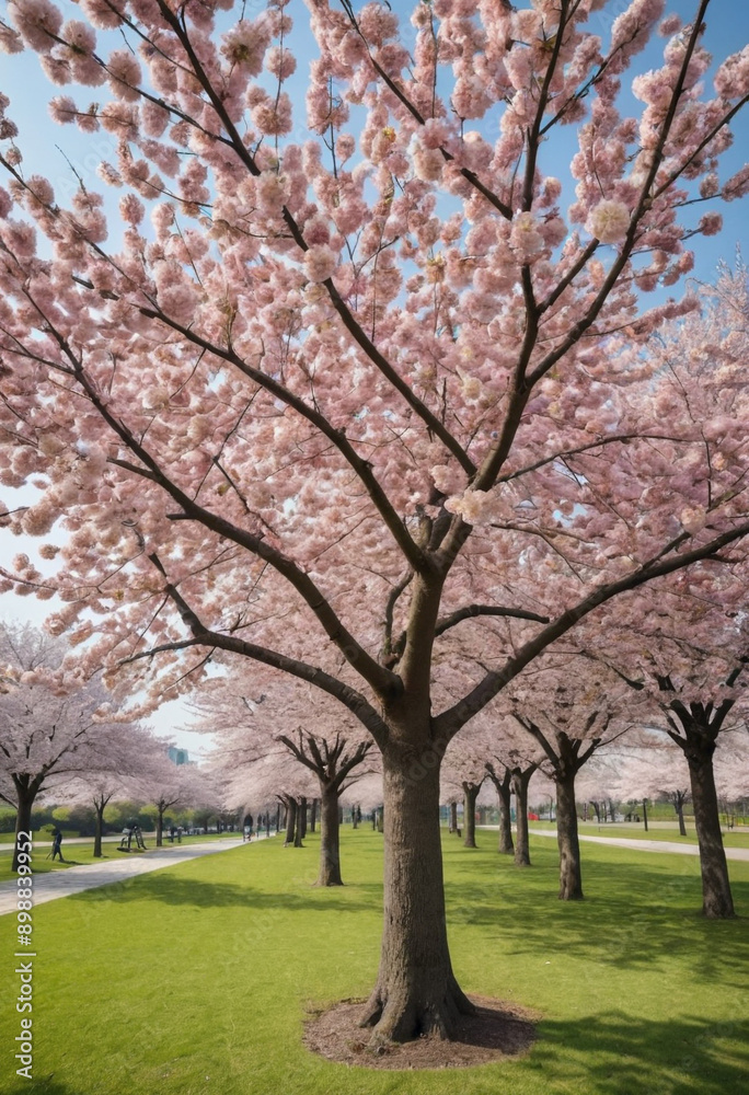 A blooming cherry blossom tree in a park. A blooming cherry blossom tree in a park.