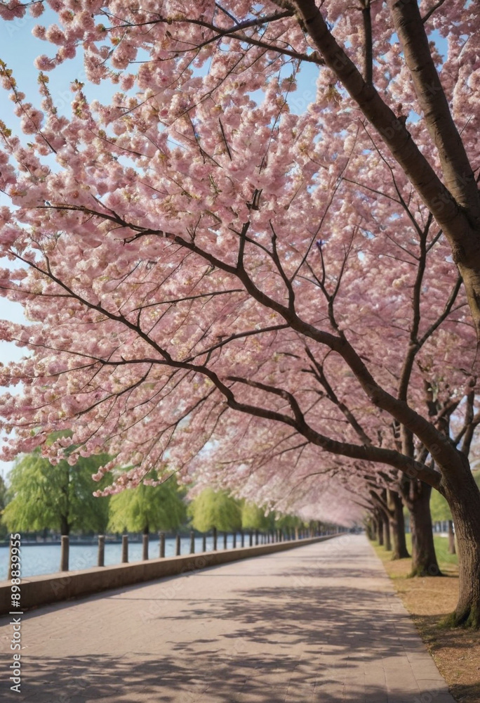 Naklejka premium A blooming cherry blossom tree in a park.