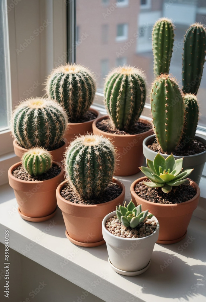 A collection of potted cacti on a windowsill. A collection of potted cacti on a windowsill.