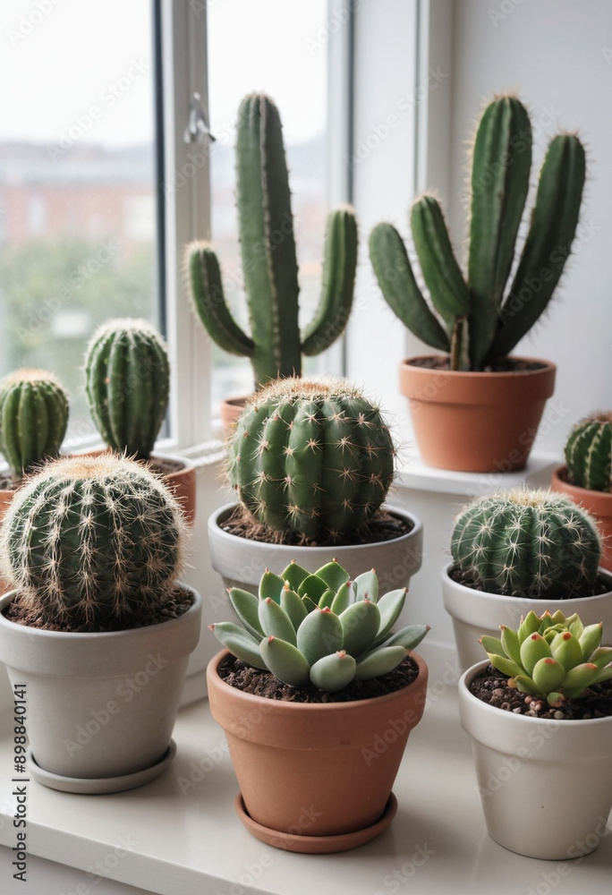A collection of potted cacti on a windowsill. A collection of potted cacti on a windowsill.