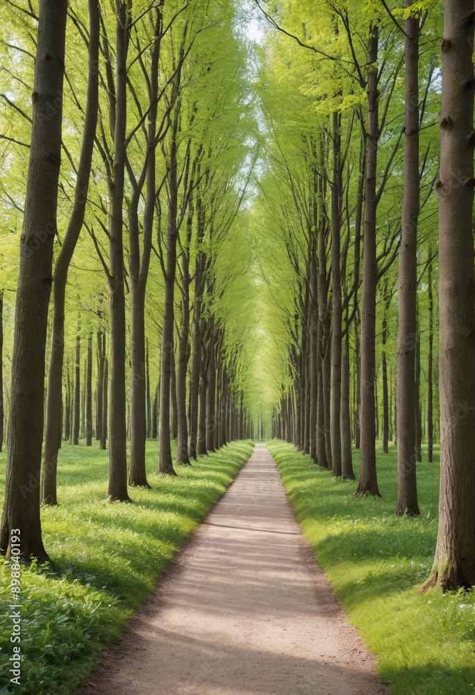 Fototapeta premium A tree lined path in a spring forest. 