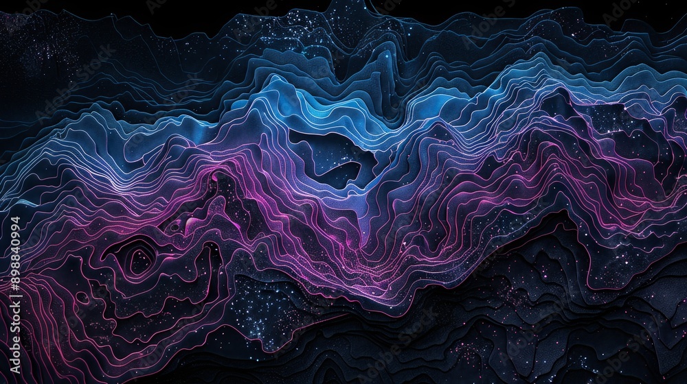 Colorful mountain range with topographic contour lines against a starry night sky in an abstract image Colorful mountain range with topographic contour lines against a starry night sky in an abstract image