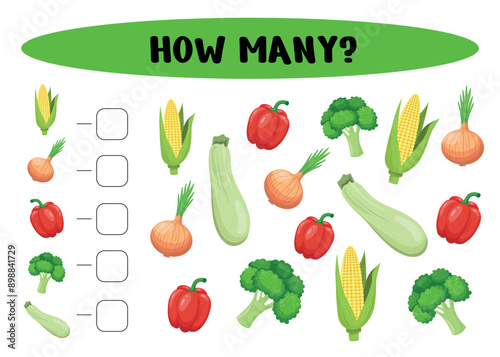 How many vegetables? Count the vegetables and write the answer. Worksheet for preschool and kindergarten. Vector illustration