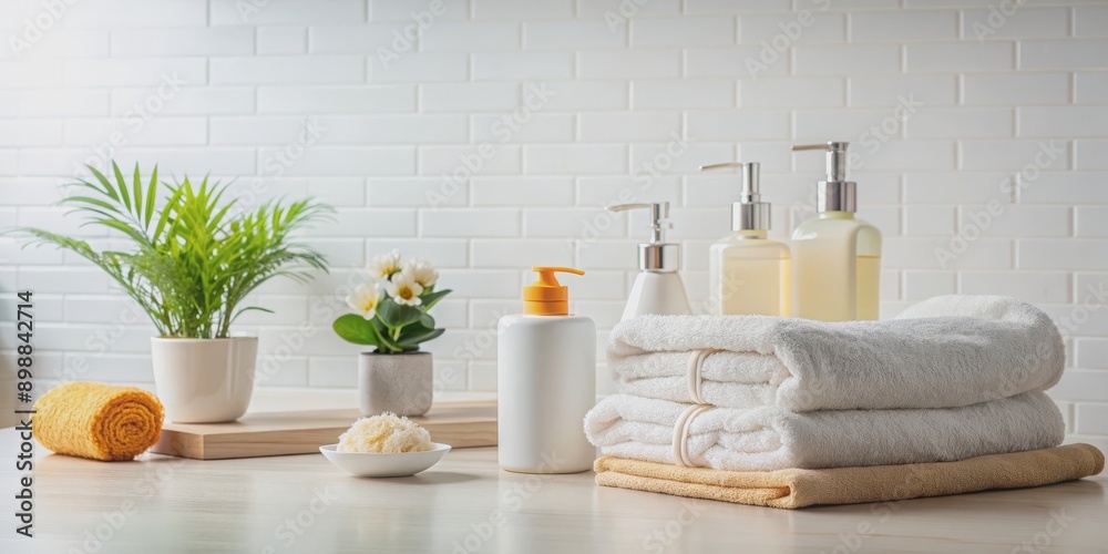 Bathroom interior with towels and shower gel on white table against bathroom background, shower set, personal care