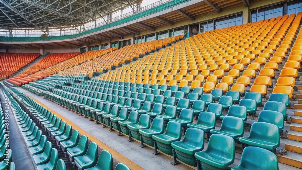 Fototapeta premium Empty stadium with rows of empty seats and no spectators, isolated, no people, sports, competition, event, venue