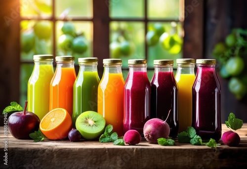 colorful display freshly bottled juices various flavors arranged elegantly inviting presentation, arrangement, fruit, beverage, liquid, refreshment, healthy