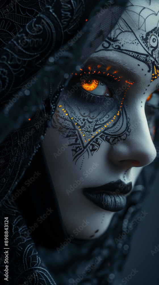 Mysterious woman with glowing eyes wearing intricate face paint and dark cloak. Fantasy character art in low light captures mythical ambiance. Mysterious woman with glowing eyes wearing intricate face paint and dark cloak. Fantasy character art in low light captures mythical ambiance.