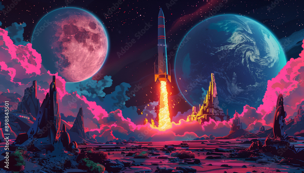 Obraz premium Vibrant sci-fi scene with rocket launch to distant planets, surrounded by alien landscape and colorful sky.