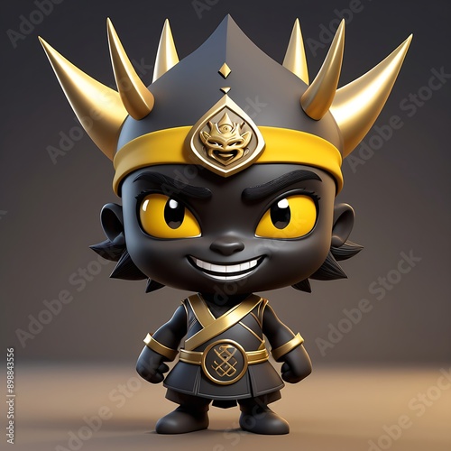 3D Blackskinned, cartoon warrior with golden crown & outfit. Ideal for fantasy themed designs, gaming illustrations, diverse character concepts. 23 photo