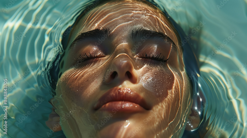 A serene portrait of a woman floating peacefully in water, with sunlight creating mesmerizing patterns on her face. A serene portrait of a woman floating peacefully in water, with sunlight creating mesmerizing patterns on her face.