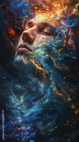 Wallpaper Mural A surreal cosmic portrait of a serene face surrounded by vibrant, swirling nebulae and star clusters, symbolizing peace and the universe's mysteries. Torontodigital.ca