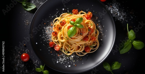 Simple Spaghetti With Cherry Tomatoes and Basil on Black Plate