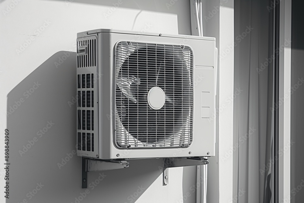 A wall-mounted air conditioning unit in a modern room. This essential appliance is common in warm climates for comfort and climate control. A wall-mounted air conditioning unit in a modern room. This essential appliance is common in warm climates for comfort and climate control.