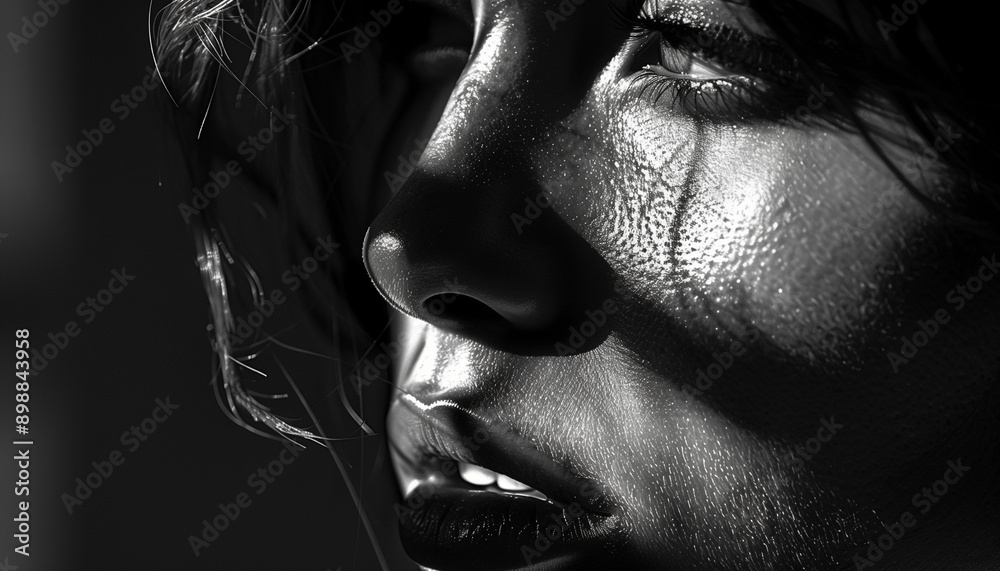 Artistic black and white close-up of a woman's face with dramatic lighting and textured skin. Artistic black and white close-up of a woman's face with dramatic lighting and textured skin.