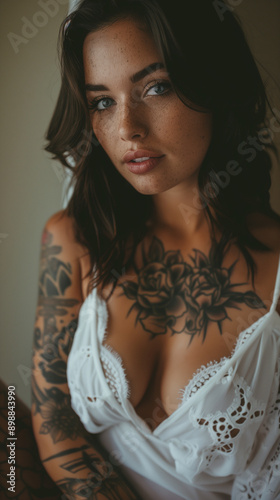 Beautiful woman with tattoos wearing a white lace top, exuding confidence and charm in a soft-lit setting.