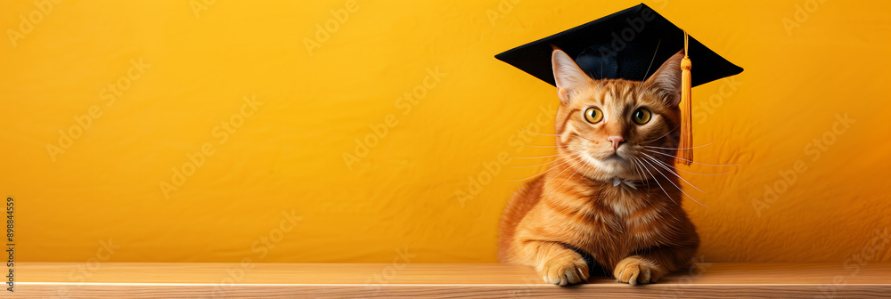 Cute ginger cat wearing graduation cap in the bright yellow background with copyspace. Banner for college, university, online courses, study offers Cute ginger cat wearing graduation cap in the bright yellow background with copyspace. Banner for college, university, online courses, study offers