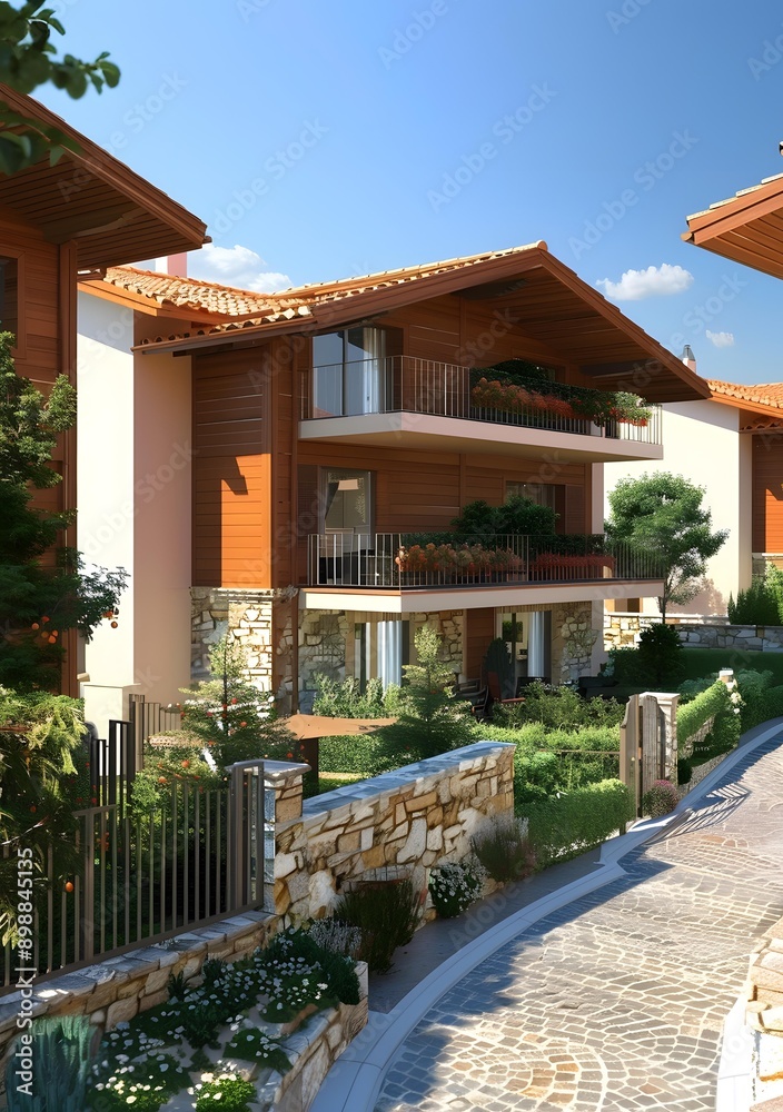 Fototapeta premium Modern Wooden House with Two Balconies and Stone Fence
