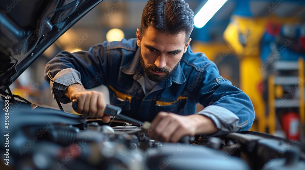 Focused mechanic in blue work uniform repairing an engine in a well-equipped garage, showcasing professionalism and dedication in automotive service. Focused mechanic in blue work uniform repairing an engine in a well-equipped garage, showcasing professionalism and dedication in automotive service.