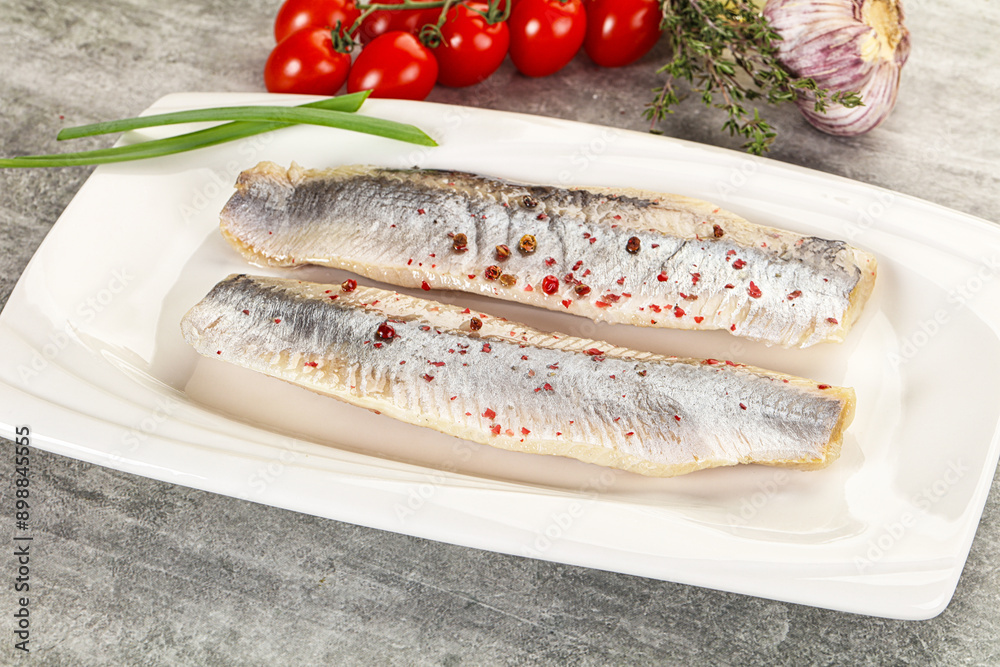 Marinated herring fillet with green onion Marinated herring fillet with green onion