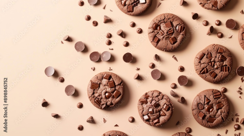 Chocolate cookies and beige background with sweets choco lover concept Minimal art for winter holidays celebration Chocolate cookies and beige background with sweets choco lover concept Minimal art for winter holidays celebration