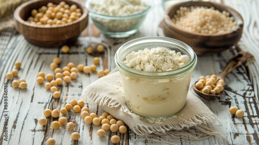 Alternative options of soy based dairy substitutes presented in jar and bowl on rustic white table Alternative options of soy based dairy substitutes presented in jar and bowl on rustic white table