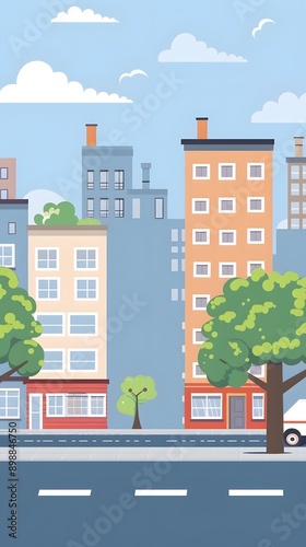 Cartoon Illustration of Cityscape with Buildings, Trees and Blue Sky