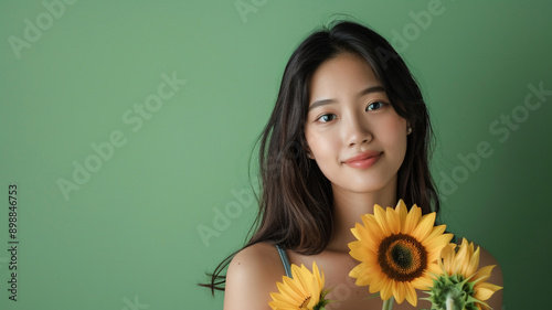 A portrait of a young adult and Asian woman holding flowers; sunflowers, while smiling at the camera with an isolated green background with copy space 