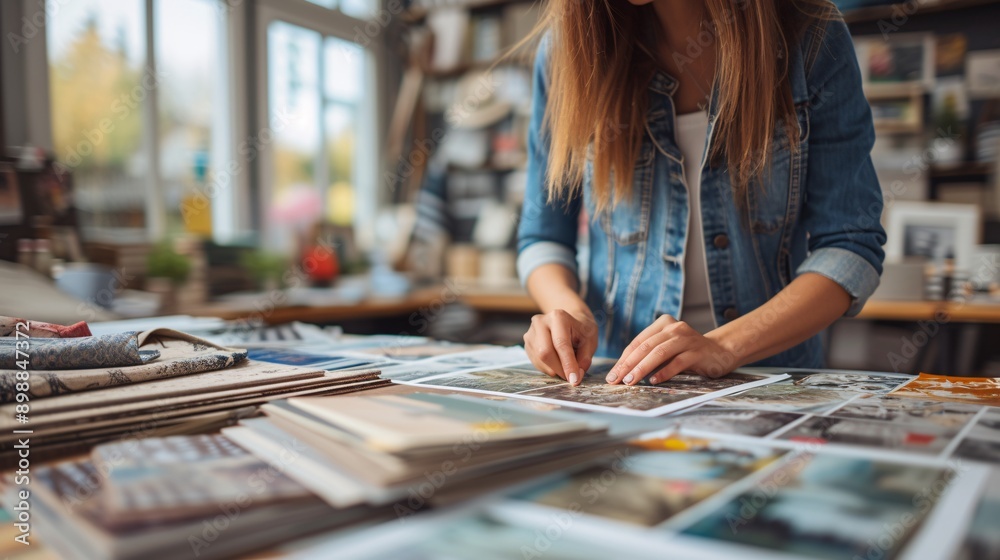 Fototapeta premium A focused young woman in a denim jacket curates a collection of photographs in a cozy, creative workspace adorned with art supplies.