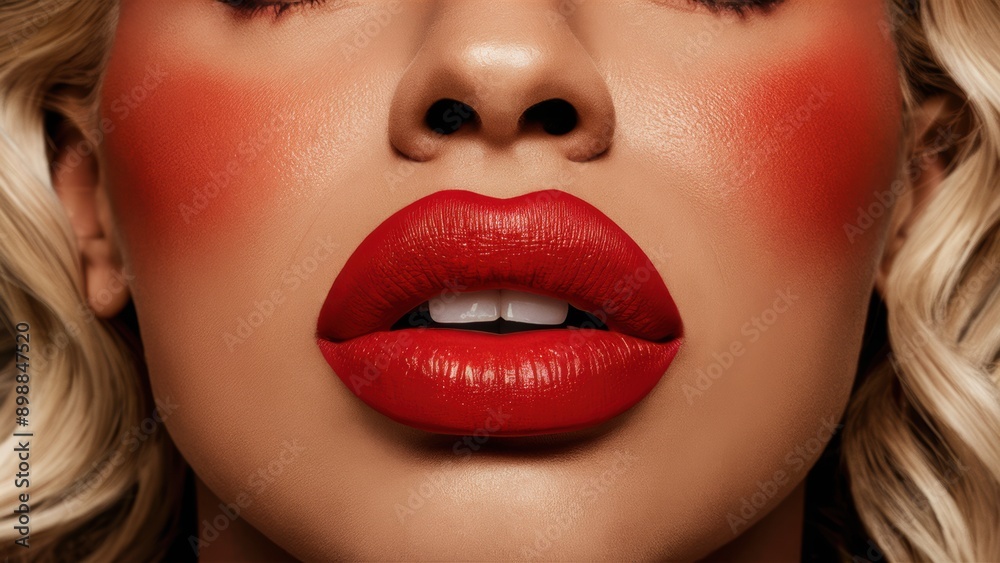 Fototapeta premium A woman with red lips and a blonde wig is making an expression, AI