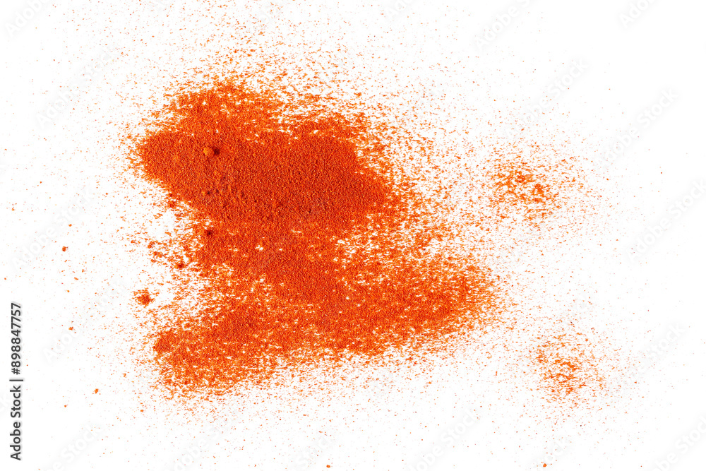 Red paprika powder isolated on white, background and texture, top view Red paprika powder isolated on white, background and texture, top view