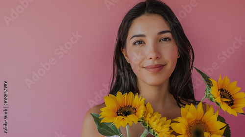 A portrait of a young adult and Latin woman holding flowers; sunflowers, while smiling at the camera with an isolated pink background with copy space 