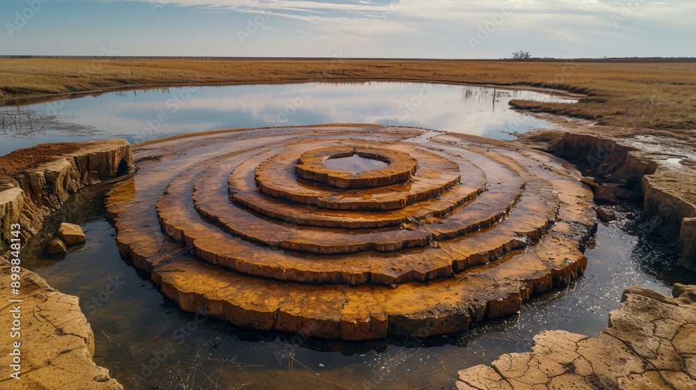 Unique spiral rock formation emerging from calm water, showcasing nature's artistry and geological wonders in a vast, open landscape. Unique spiral rock formation emerging from calm water, showcasing nature's artistry and geological wonders in a vast, open landscape.