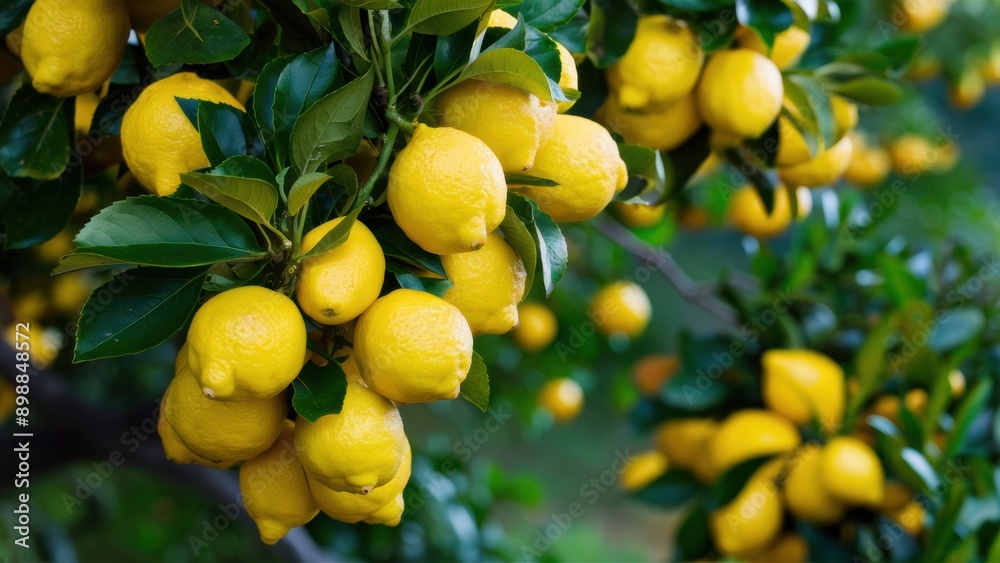 A bunch of lemons are growing on a tree in the forest, AI