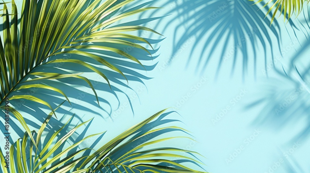 Abstract palm leaf shadows on light blue backdrop for advertising with creative space Abstract palm leaf shadows on light blue backdrop for advertising with creative space