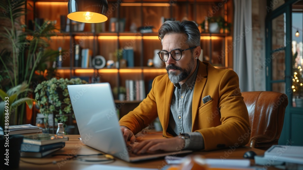 Middle-aged man in a smart blazer, focused on his laptop in a warmly lit home office, surrounded by plants and books. Ideal for remote work themes. Middle-aged man in a smart blazer, focused on his laptop in a warmly lit home office, surrounded by plants and books. Ideal for remote work themes.