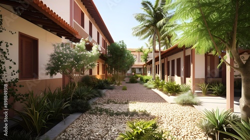 Tropical Courtyard With Stone Path And Palm Trees