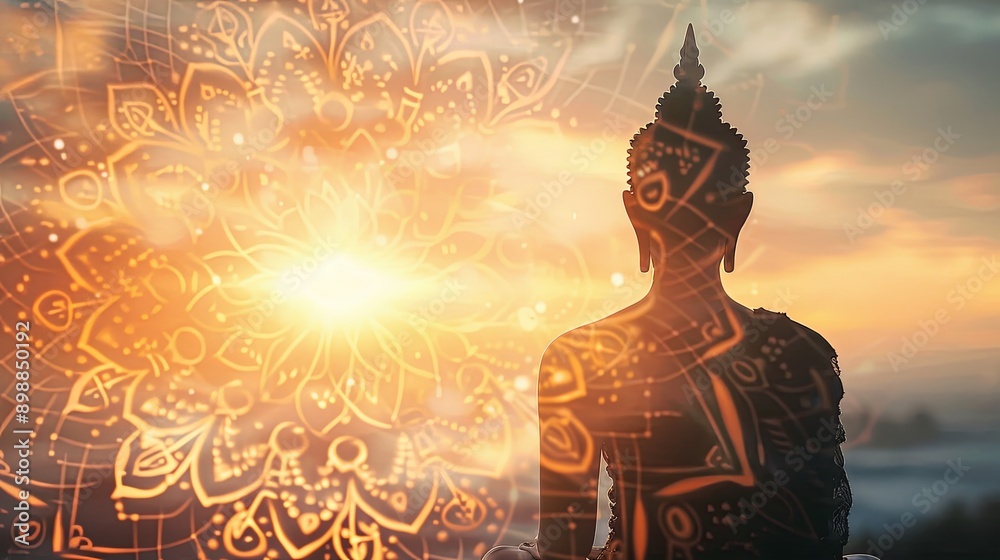 Buddha statue at sunset with an intricate mandala overlay Buddha statue at sunset with an intricate mandala overlay