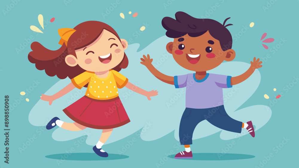 Happy cute kids boy and girl dance together, vector arts illustration ...