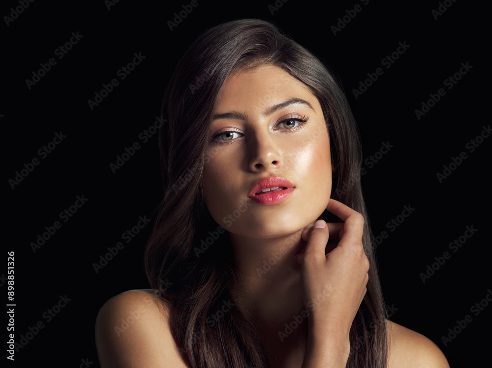 Portrait, hair care and woman with beauty, shine and dermatology on black studio background. Face, person and model with glow, aesthetic or grooming routine with cosmetics, keratin or salon treatment Portrait, hair care and woman with beauty, shine and dermatology on black studio background. Face, person and model with glow, aesthetic or grooming routine with cosmetics, keratin or salon treatment