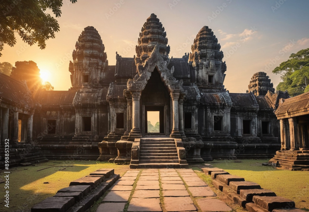 Fototapeta premium An ancient temple in Cambodia at sunrise. 