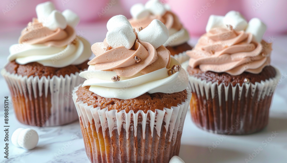 Delightful cupcakes with frosting and marshmallows, suitable for various events Delightful cupcakes with frosting and marshmallows, suitable for various events