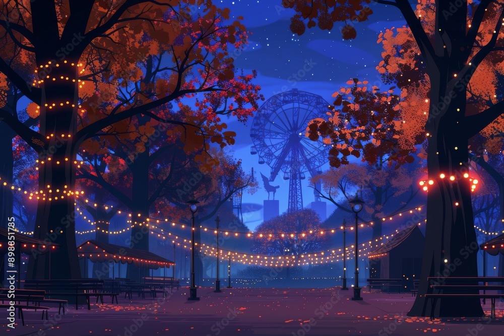 Fototapeta premium Fairy tale inspired night scene with twinkling lights and autumn foliage capturing a magical and enchanting atmosphere in a park setting