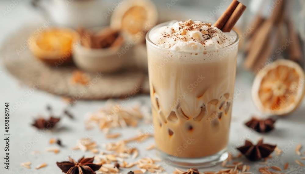 A refreshing iced coffee adorned with whipped cream and cinnamon sticks on the table A refreshing iced coffee adorned with whipped cream and cinnamon sticks on the table