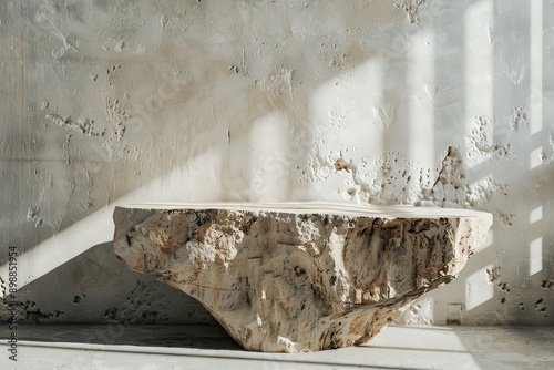 rough stone podium basement. block slab beige background of a plastered wall with unevenness and potholes. shadows from the sun windows rays.