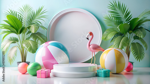Podium display with a white circle for product decoration with summer elements such as a beach ball, flamingo inflatable, and others, 3D render.
