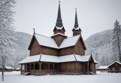  A traditional Norwegian stave church in a snowy landscape. 