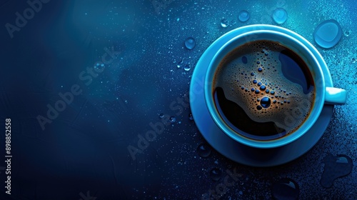 Frothy, dark espresso with latte art on a white plate against blue backdrop. photo