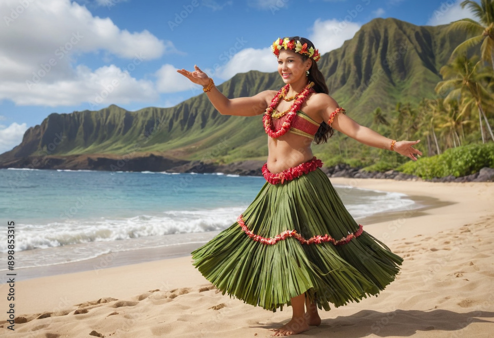 Naklejka premium A traditional Hawaiian hula dancer on the beach. 